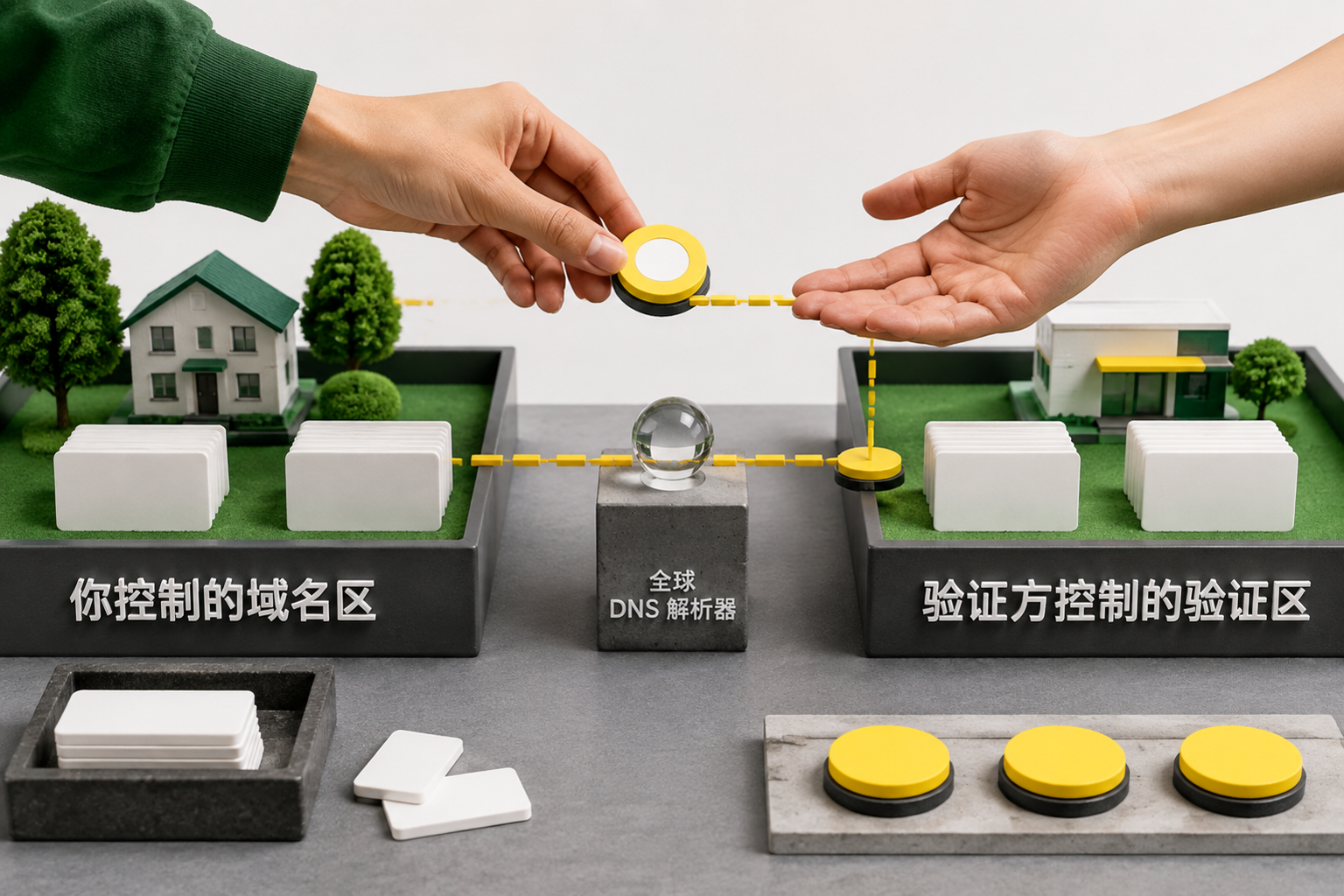 几十个站点的 HTTPS 证书,如何用 ACME 自动续期彻底告别"忘记续费":DNS ownership verification using a delegated CNAME, shown as a precise handoff between two controlled zones