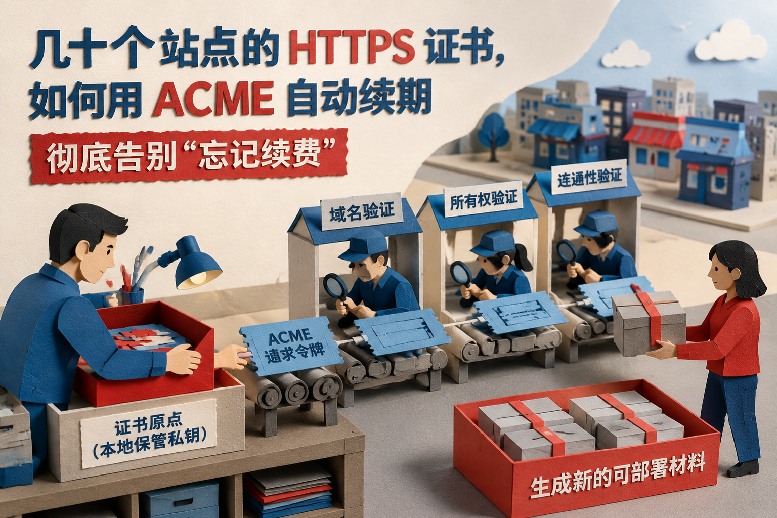 几十个站点的 HTTPS 证书,如何用 ACME 自动续期彻底告别"忘记续费":an ACME request being validated at separate stations and turned into a new deployable artifact while private key material remains at its origin