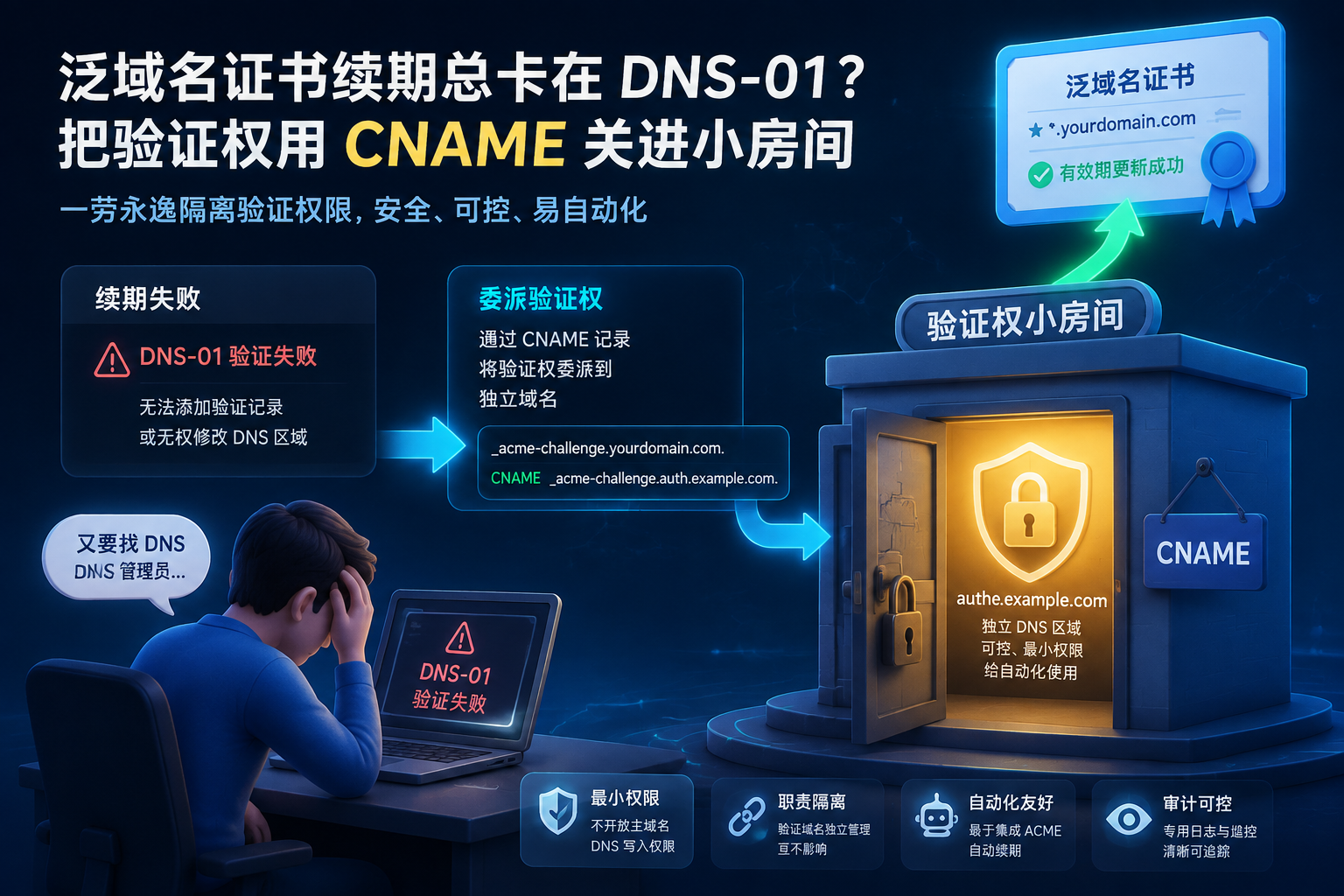 泛域名证书续期总卡在 DNS-01?把验证权用 CNAME 关进小房间 illustration 1