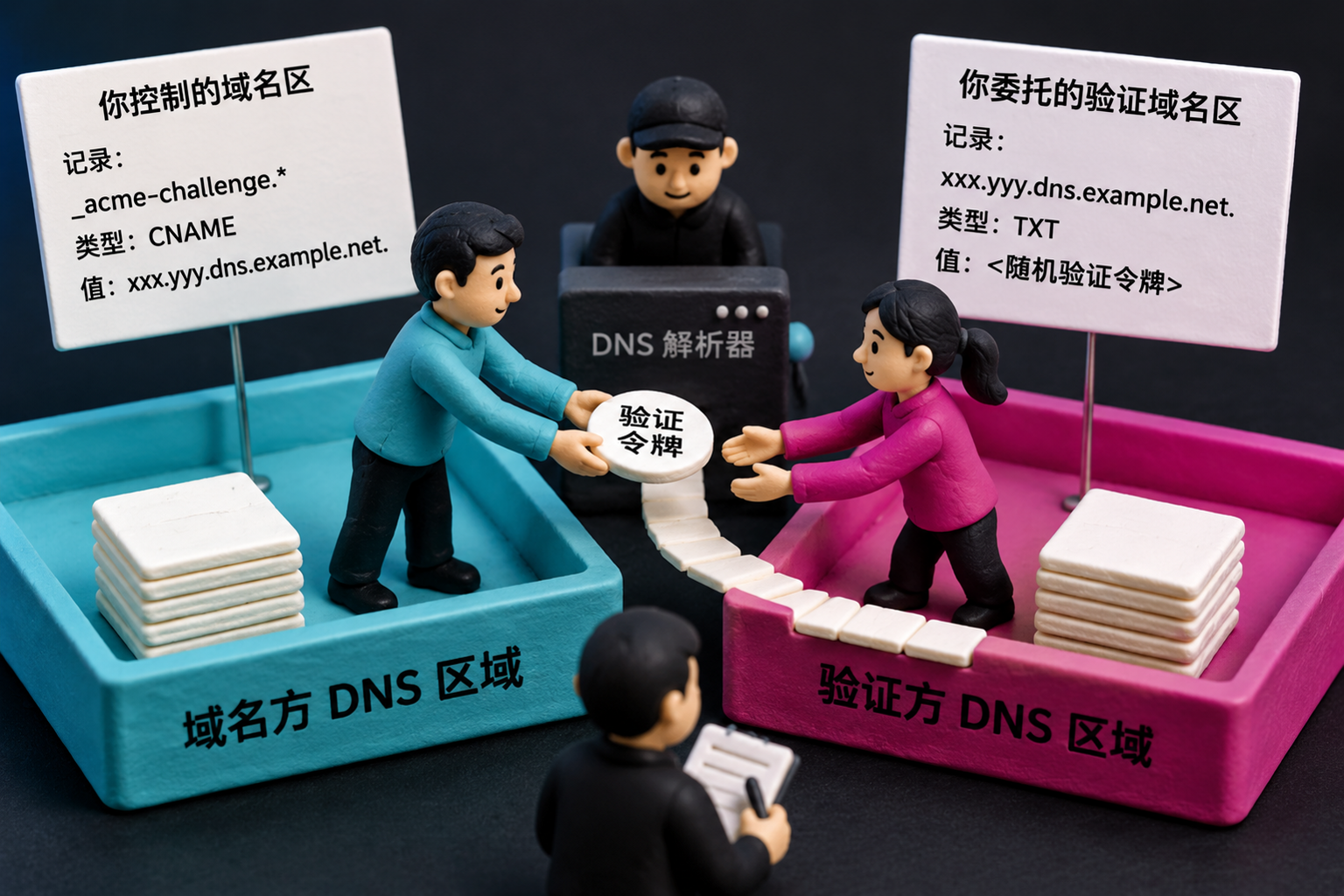 内部服务的泛域名证书:自建私有 CA 还是 Let's Encrypt DNS-01:DNS ownership verification using a delegated CNAME, shown as a precise handoff between two controlled zones