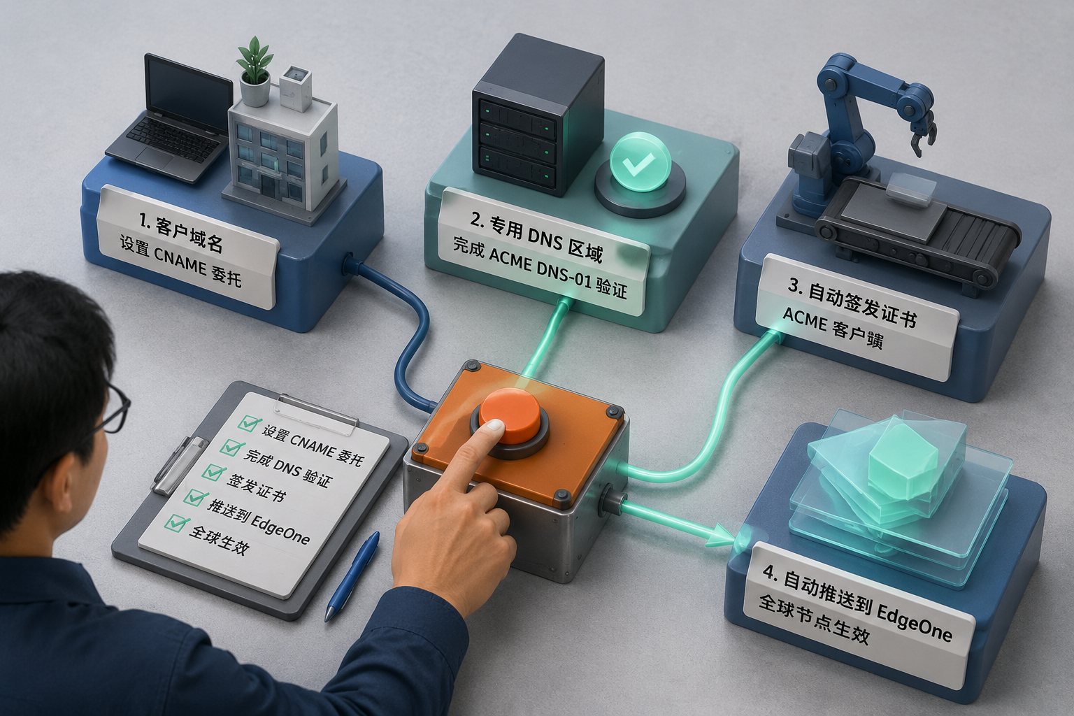 用 CNAME 委托把 ACME DNS-01 验证甩给专用区域,再把证书自动推到 EdgeOne:a concrete operational scene explaining this section: 步骤