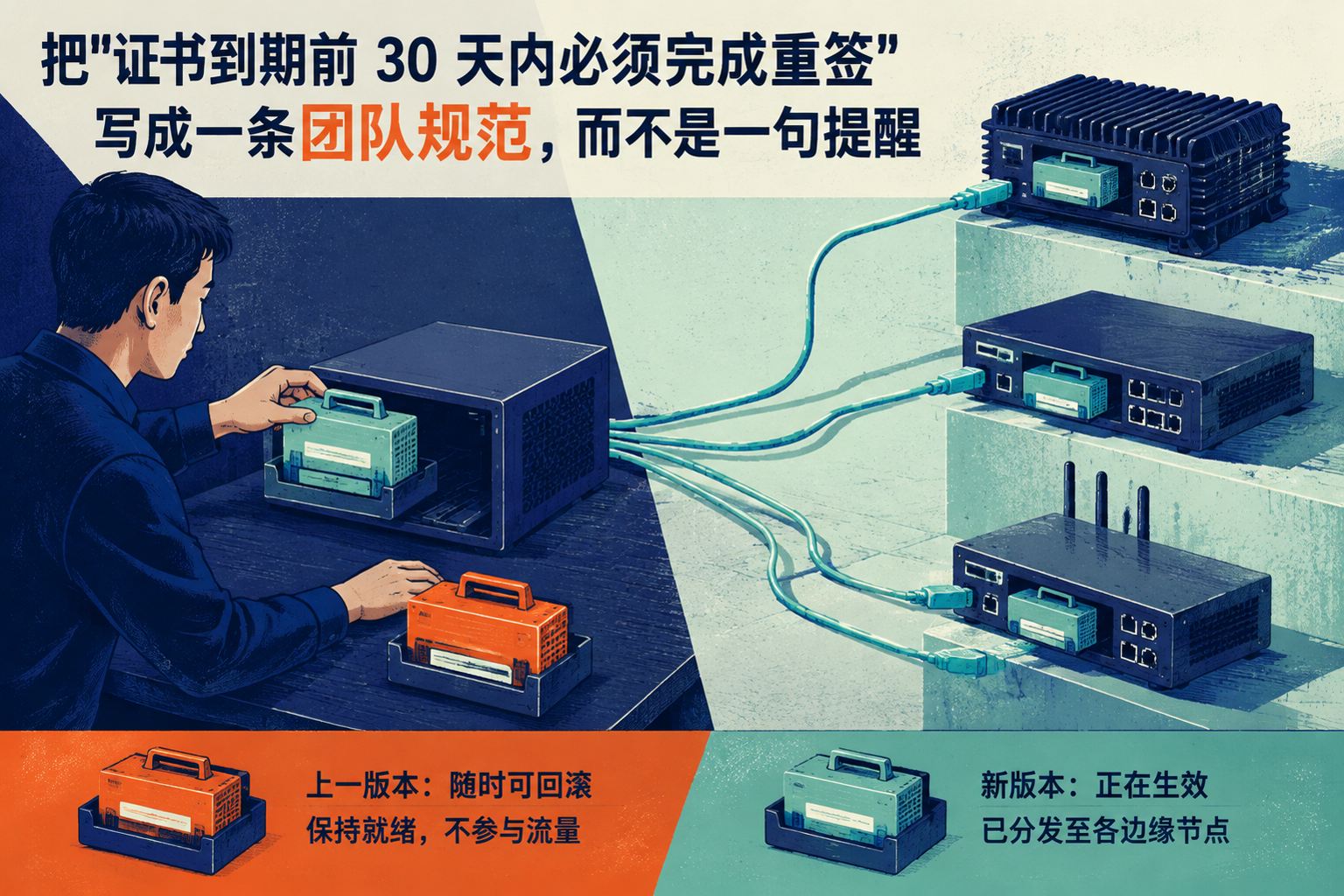 把"证书到期前 30 天内必须完成重签"写成一条团队规范,而不是一句提醒:a new certificate version moving from its source to several edge appliances while the previous working version remains ready for rollback