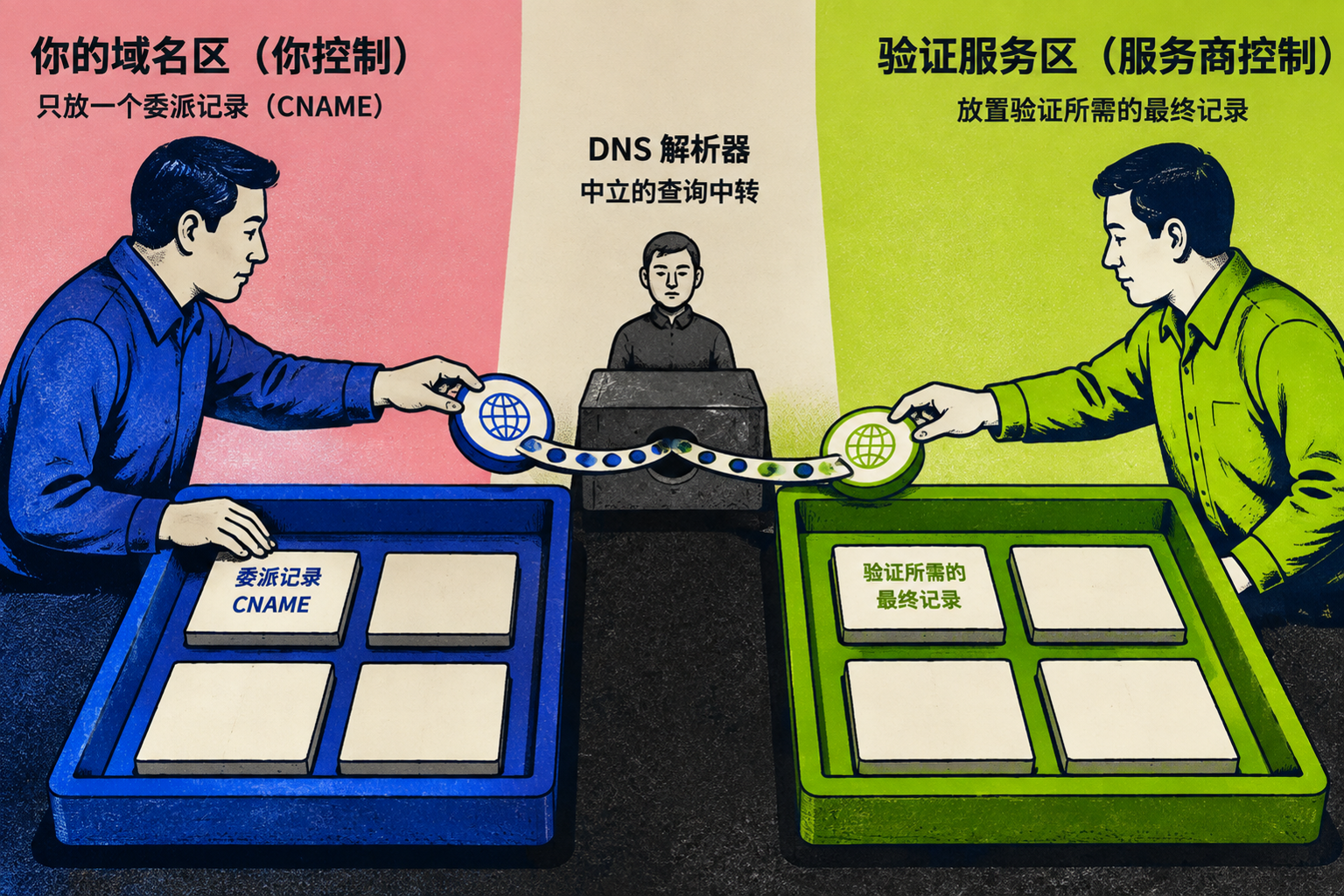 同一台服务器既要续期又要躲端口封禁:HTTP-01 和 DNS-01 到底选哪个:DNS ownership verification using a delegated CNAME, shown as a precise handoff between two controlled zones