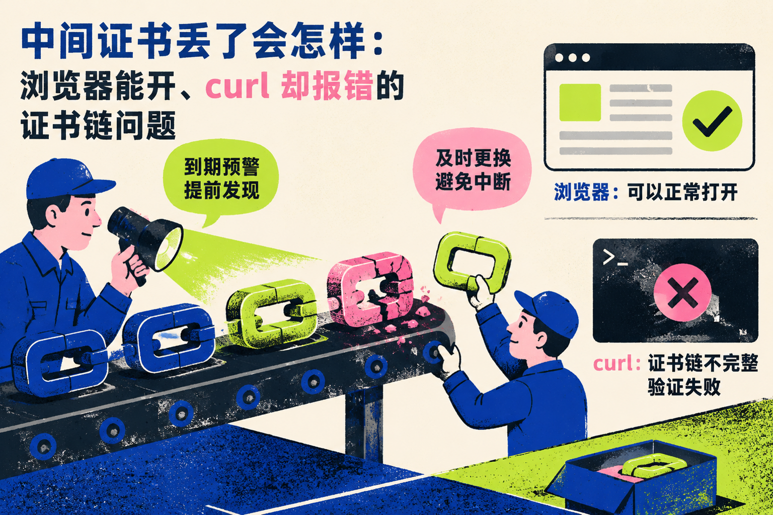 中间证书丢了会怎样:浏览器能开、curl 却报错的证书链问题:an approaching certificate expiry being detected early, followed by a fresh request and a safe replacement before the live connection is interrupted