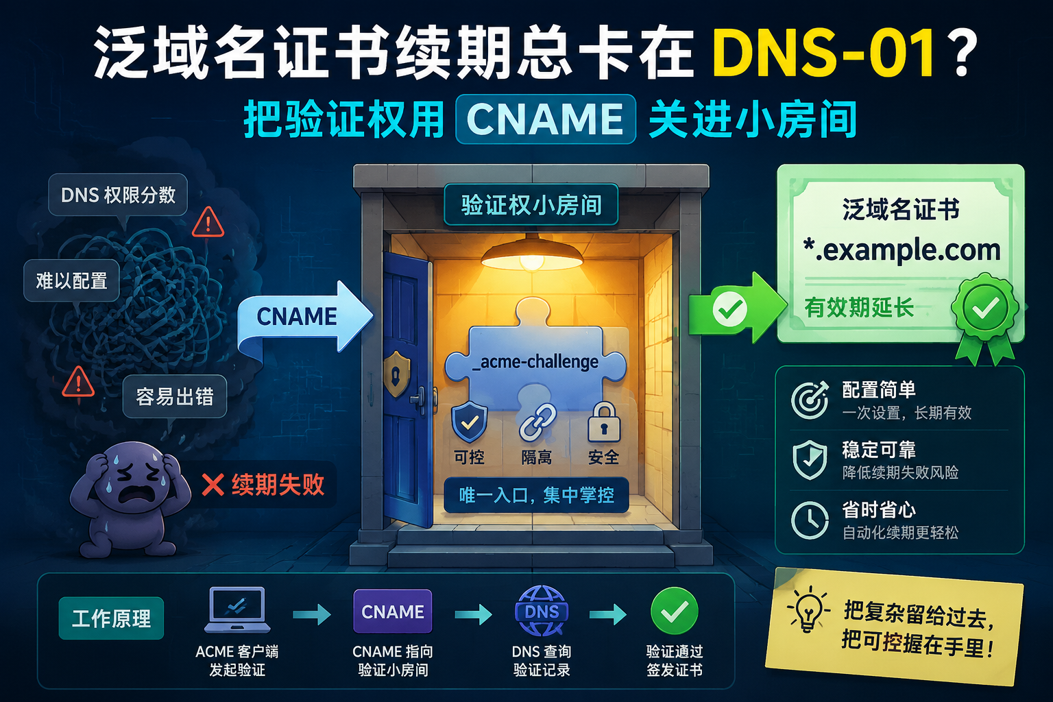 泛域名证书续期总卡在 DNS-01?把验证权用 CNAME 关进小房间 illustration 2