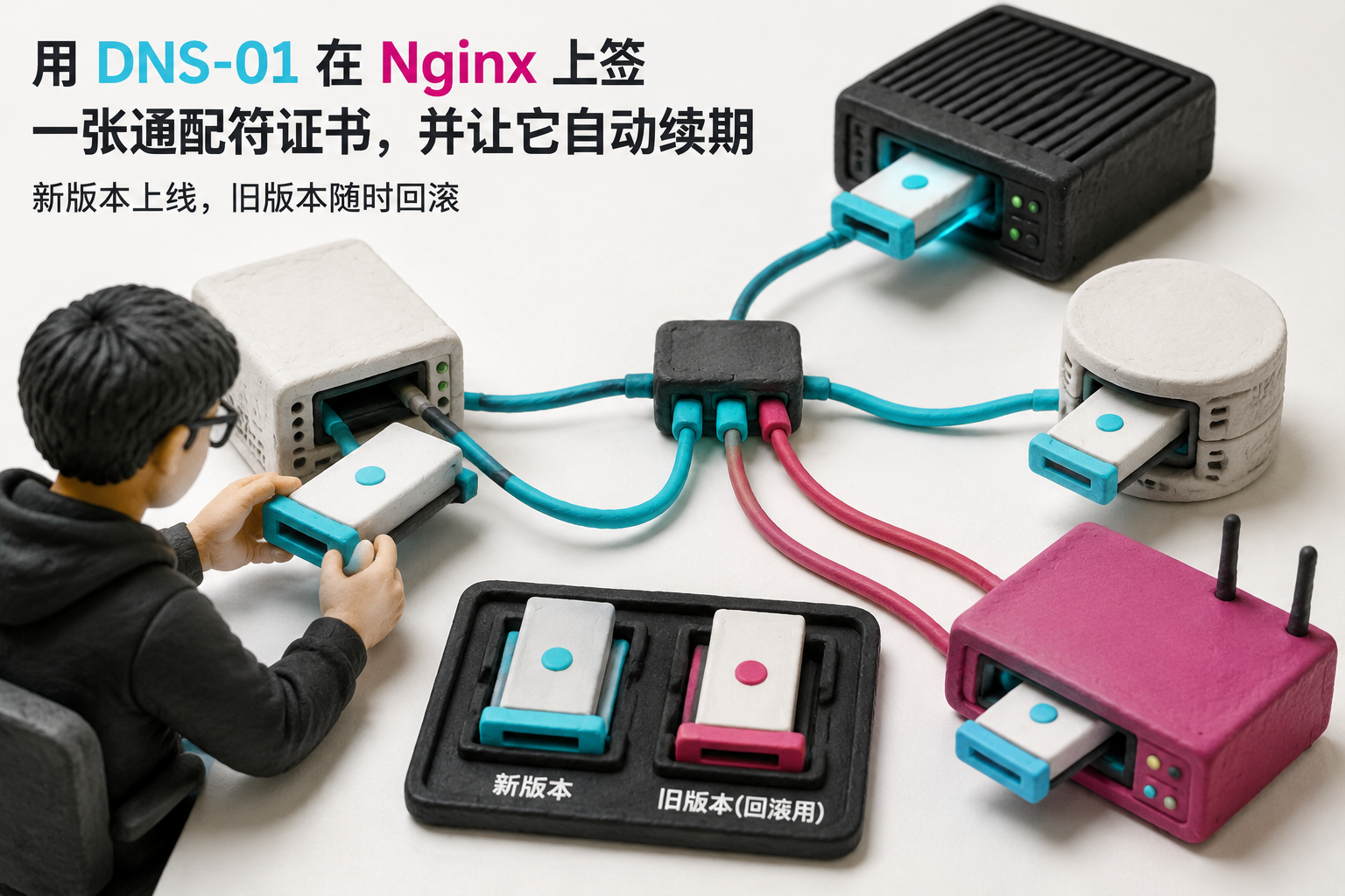 用 DNS-01 在 Nginx 上签一张通配符证书,并让它自动续期:a new certificate version moving from its source to several edge appliances while the previous working version remains ready for rollback