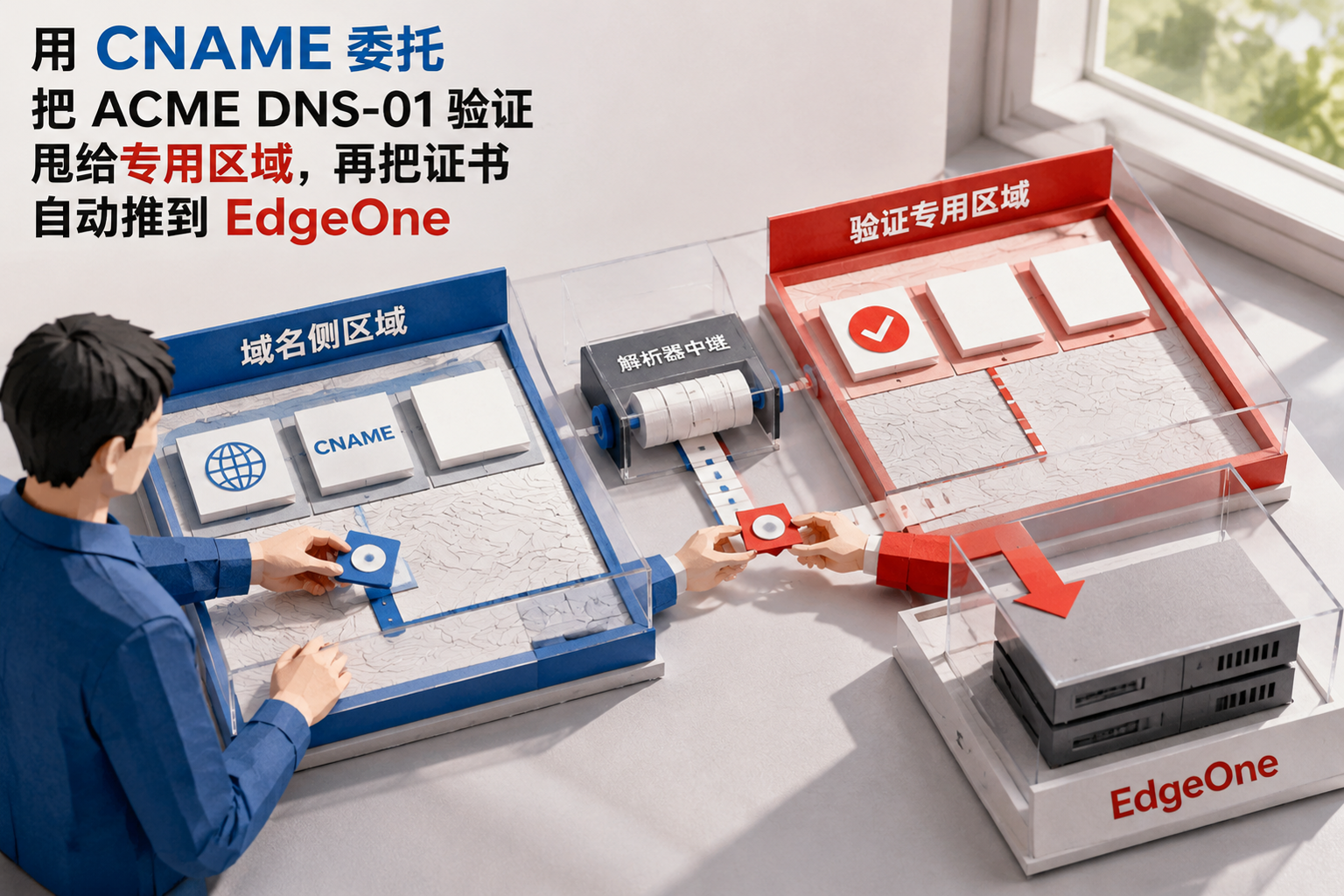 用 CNAME 委托把 ACME DNS-01 验证甩给专用区域,再把证书自动推到 EdgeOne