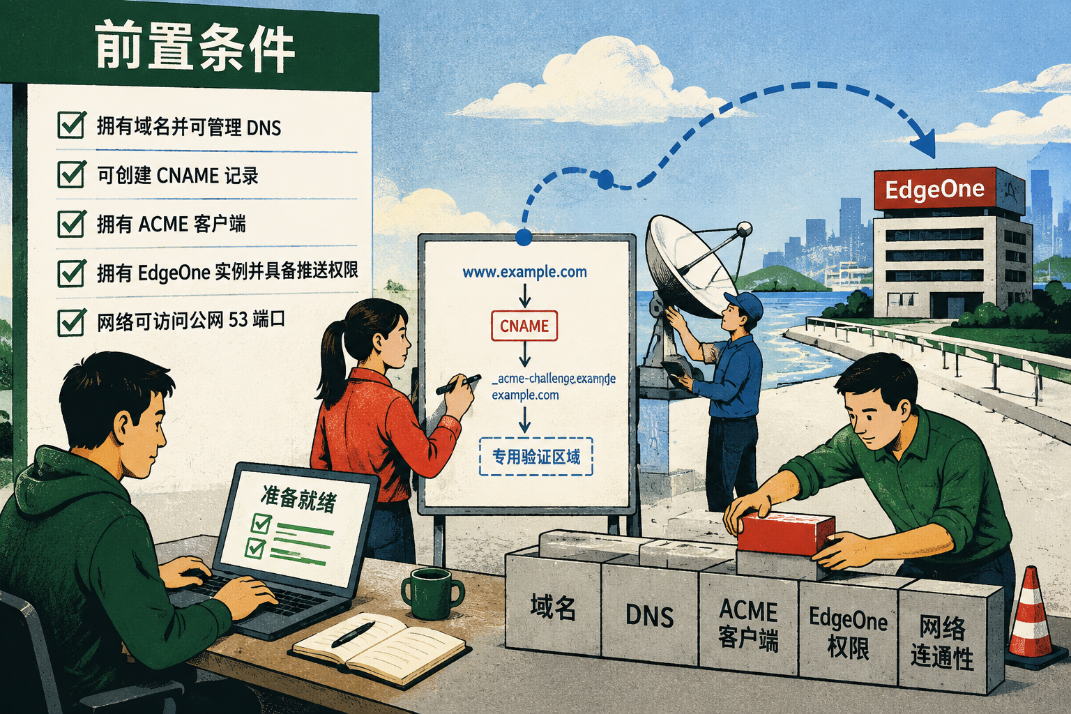 用 CNAME 委托把 ACME DNS-01 验证甩给专用区域,再把证书自动推到 EdgeOne:a concrete operational scene explaining this section: 前置条件