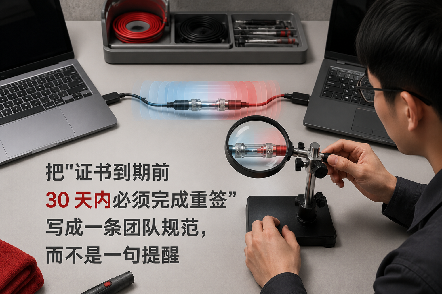 把"证书到期前 30 天内必须完成重签"写成一条团队规范,而不是一句提醒:a browser-side endpoint independently inspecting the live TLS connection after deployment and comparing the observed endpoint artifact