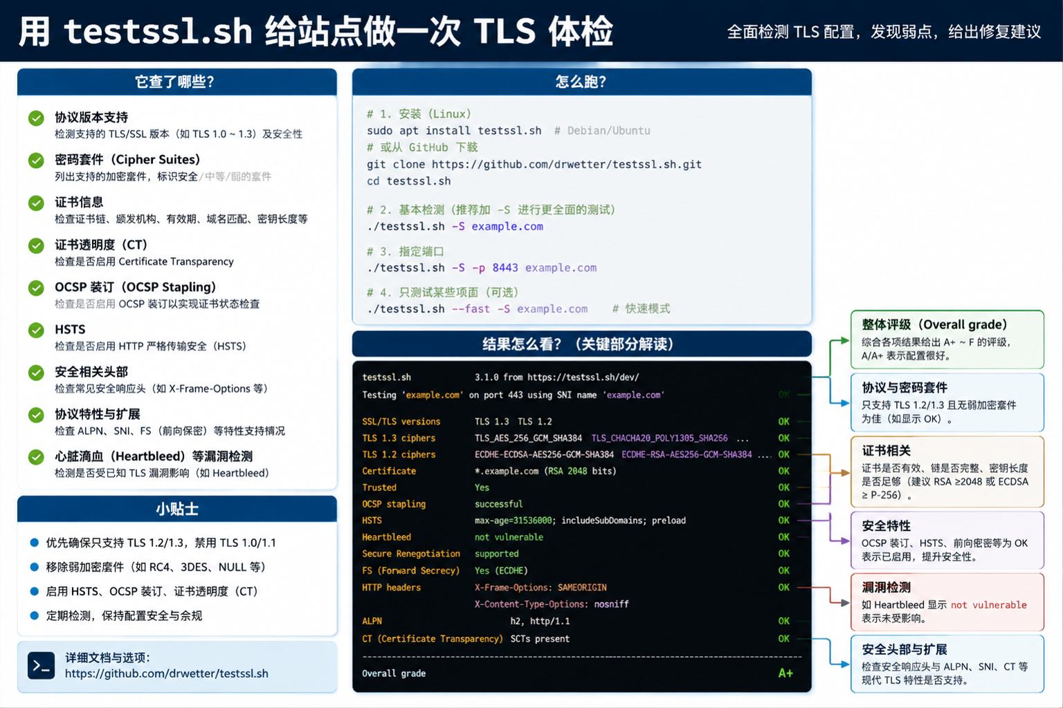 用 testssl.sh 给站点做一次 TLS 体检:它查了哪些、怎么跑、结果怎么看