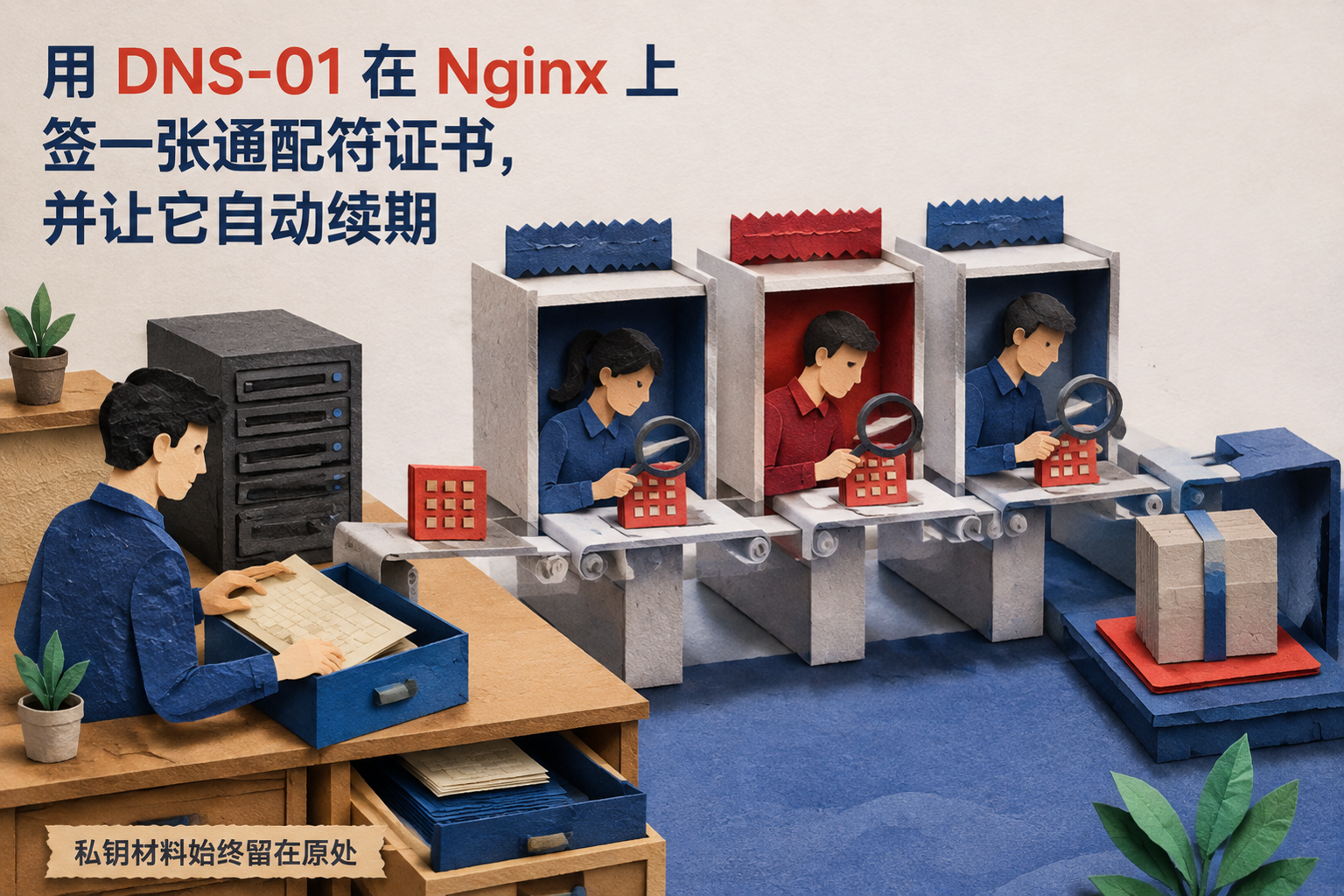 用 DNS-01 在 Nginx 上签一张通配符证书,并让它自动续期:an ACME request being validated at separate stations and turned into a new deployable artifact while private key material remains at its origin