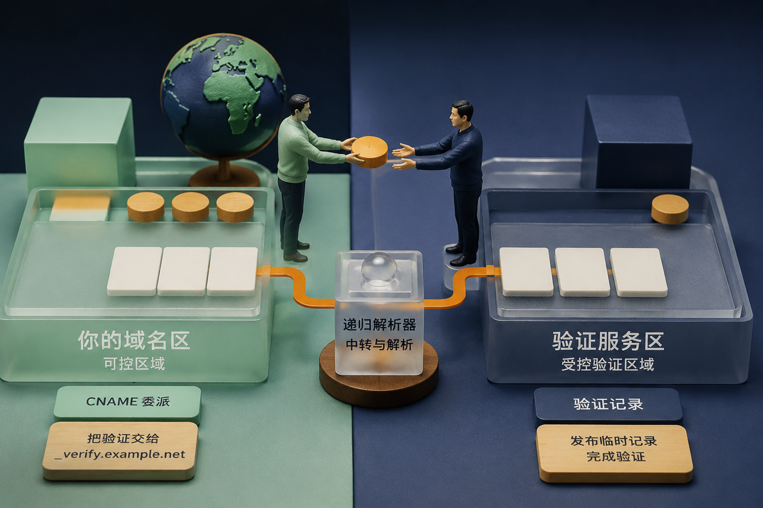用 testssl.sh 体检一台服务器的 TLS 配置:它查什么、怎么跑、结果怎么看:DNS ownership verification using a delegated CNAME, shown as a precise handoff between two controlled zones