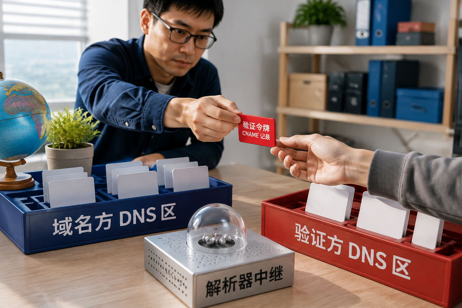 证书没过期,为什么浏览器还是报警?聊聊证书生命周期里最容易翻车的三个环节:DNS ownership verification using a delegated CNAME, shown as a precise handoff between two controlled zones