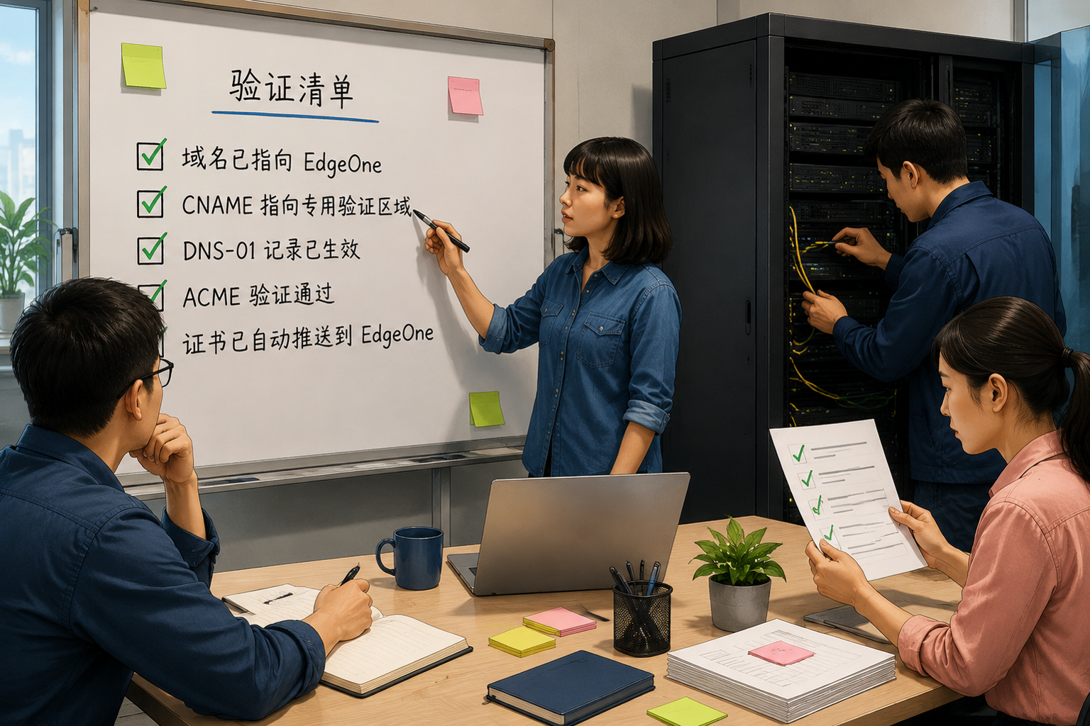 用 CNAME 委托把 ACME DNS-01 验证甩给专用区域,再把证书自动推到 EdgeOne:a concrete operational scene explaining this section: 验证清单