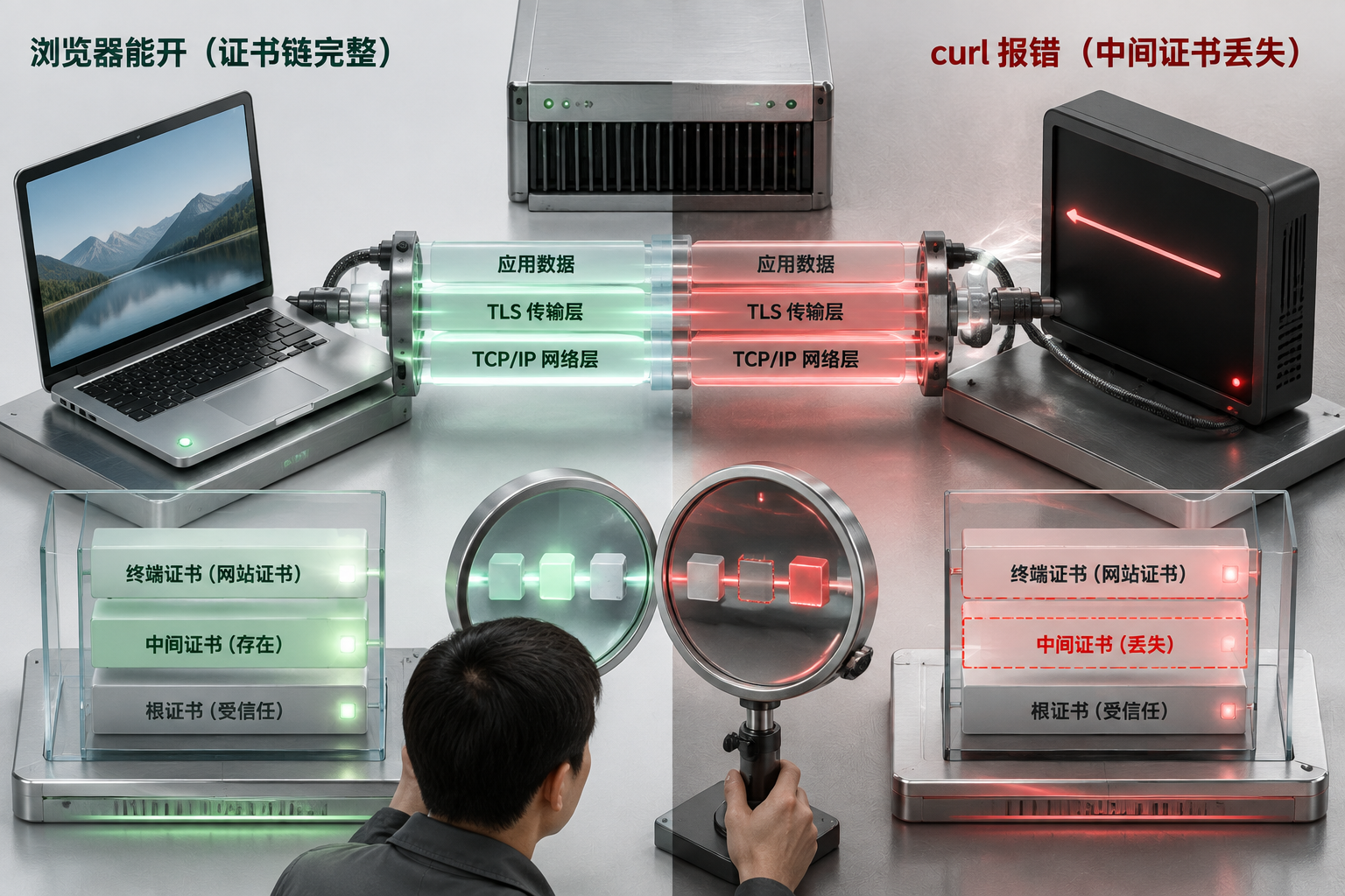 中间证书丢了会怎样:浏览器能开、curl 却报错的证书链问题:a browser-side endpoint independently inspecting the live TLS connection after deployment and comparing the observed endpoint artifact