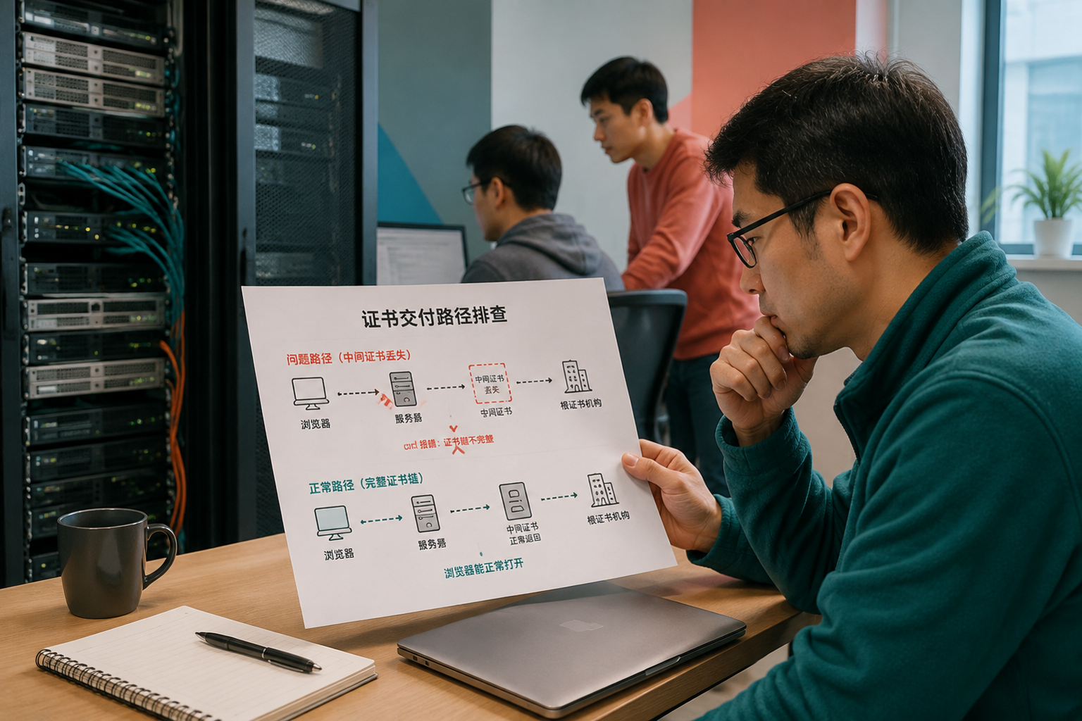 中间证书丢了会怎样:浏览器能开、curl 却报错的证书链问题:an operator tracing a failed certificate delivery path while a parallel known-good route keeps serving users until recovery is verified