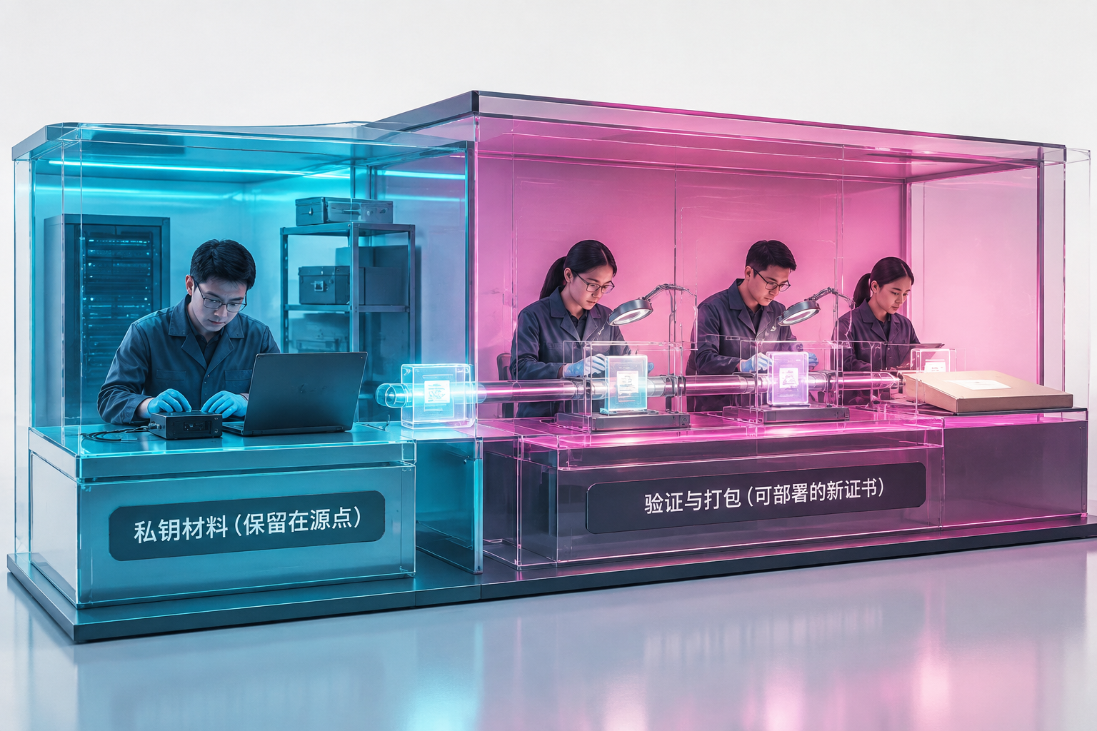 一条能落地的证书运维规范:签发后 30 天内完成部署并下线旧证书:an ACME request being validated at separate stations and turned into a new deployable artifact while private key material remains at its origin