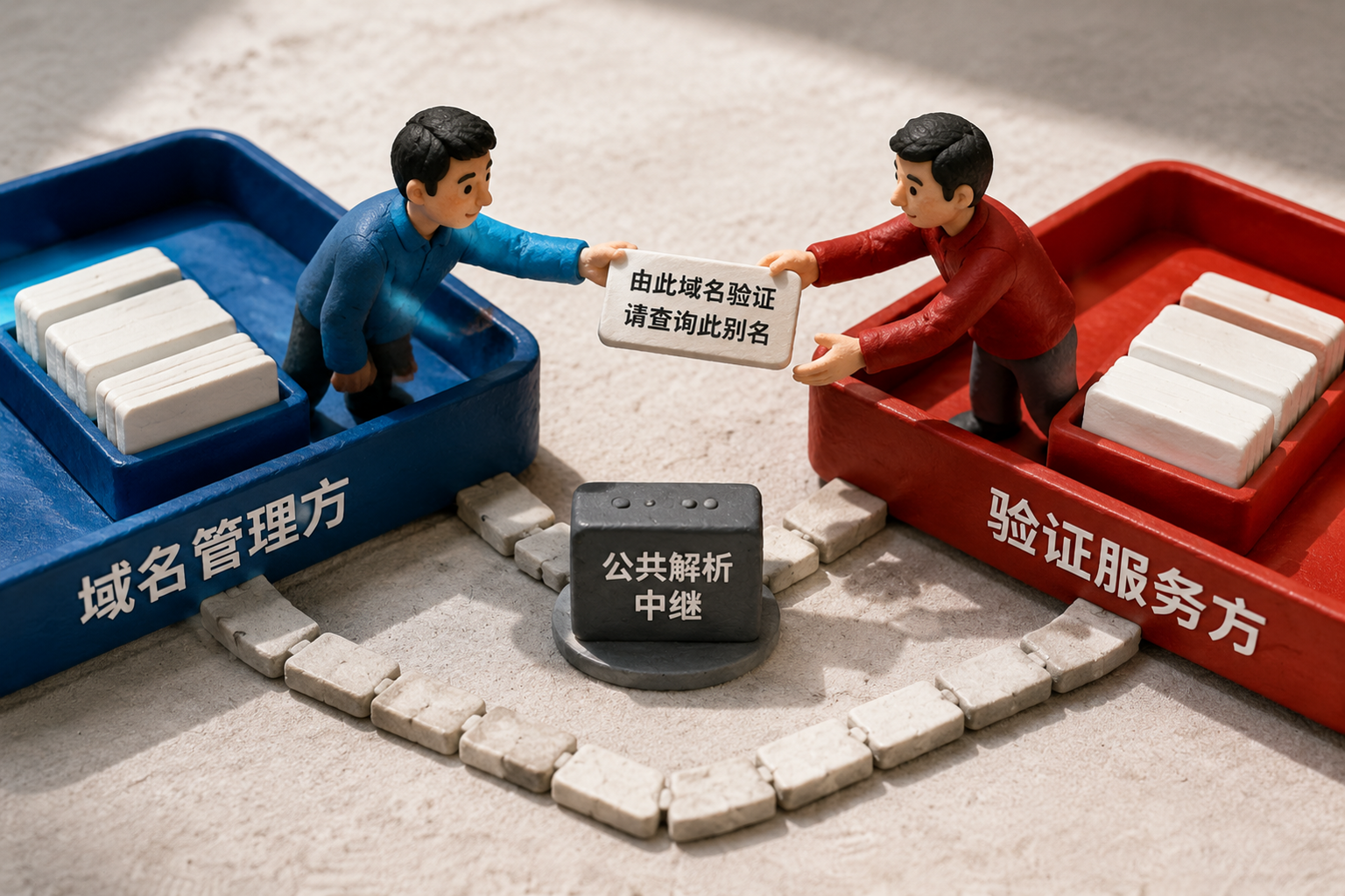 一条能落地的证书运维规范:签发后 30 天内完成部署并下线旧证书:DNS ownership verification using a delegated CNAME, shown as a precise handoff between two controlled zones