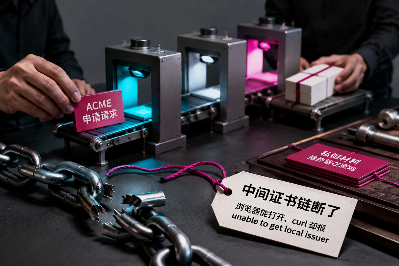 浏览器能打开、curl 却报 unable to get local issuer:中间证书链断了:an ACME request being validated at separate stations and turned into a new deployable artifact while private key material remains at its origin