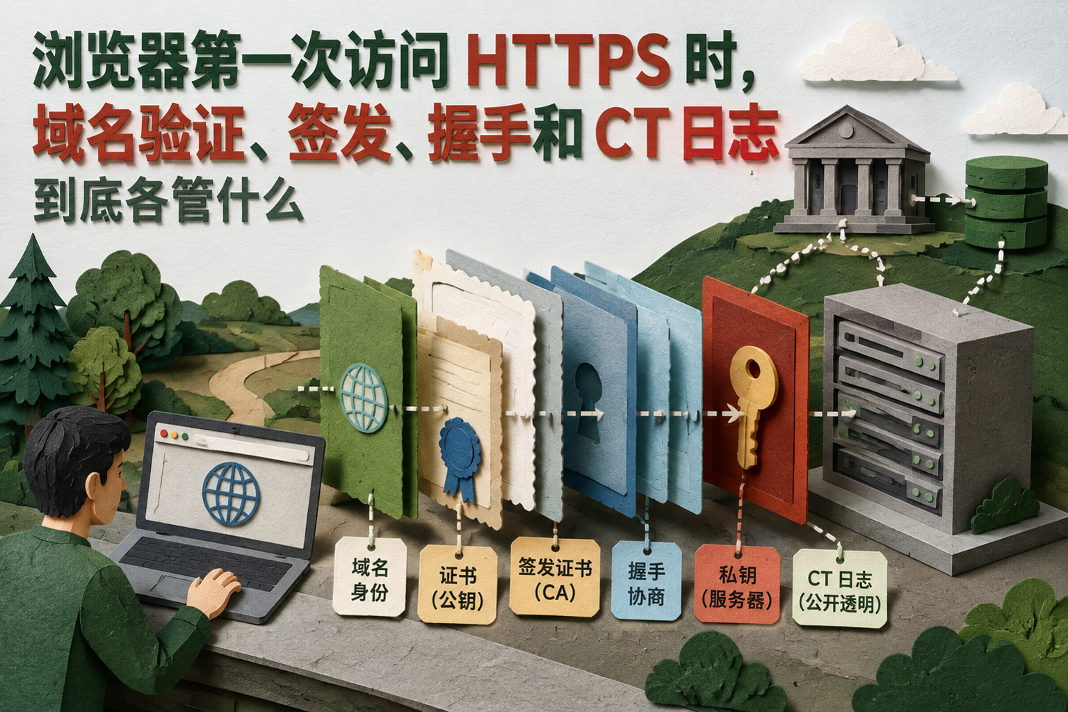 浏览器第一次访问 HTTPS 时，域名验证、签发、握手和 CT 日志到底各管什么