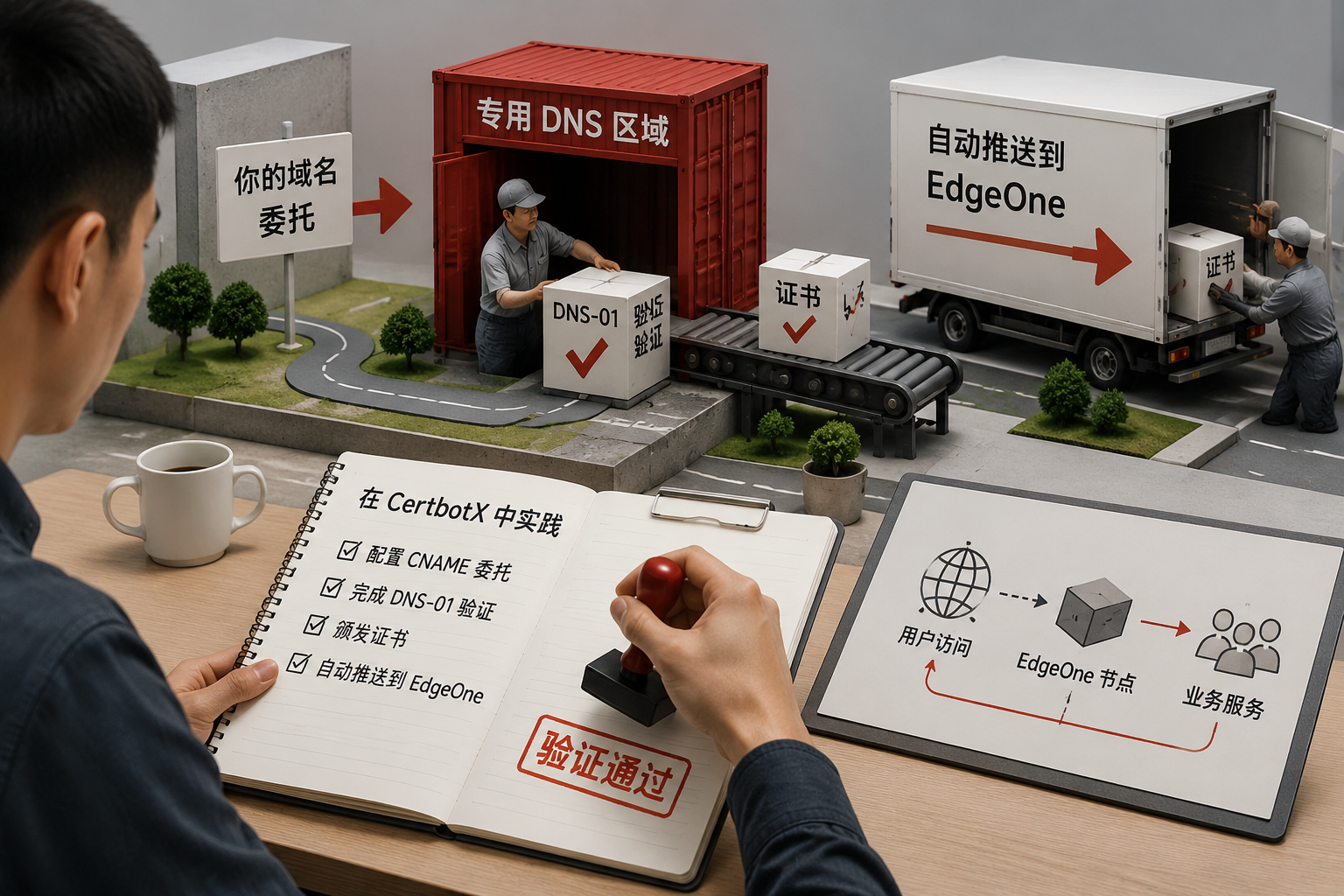 用 CNAME 委托把 ACME DNS-01 验证甩给专用区域,再把证书自动推到 EdgeOne:a concrete operational scene explaining this section: 在 CertbotX 中实践