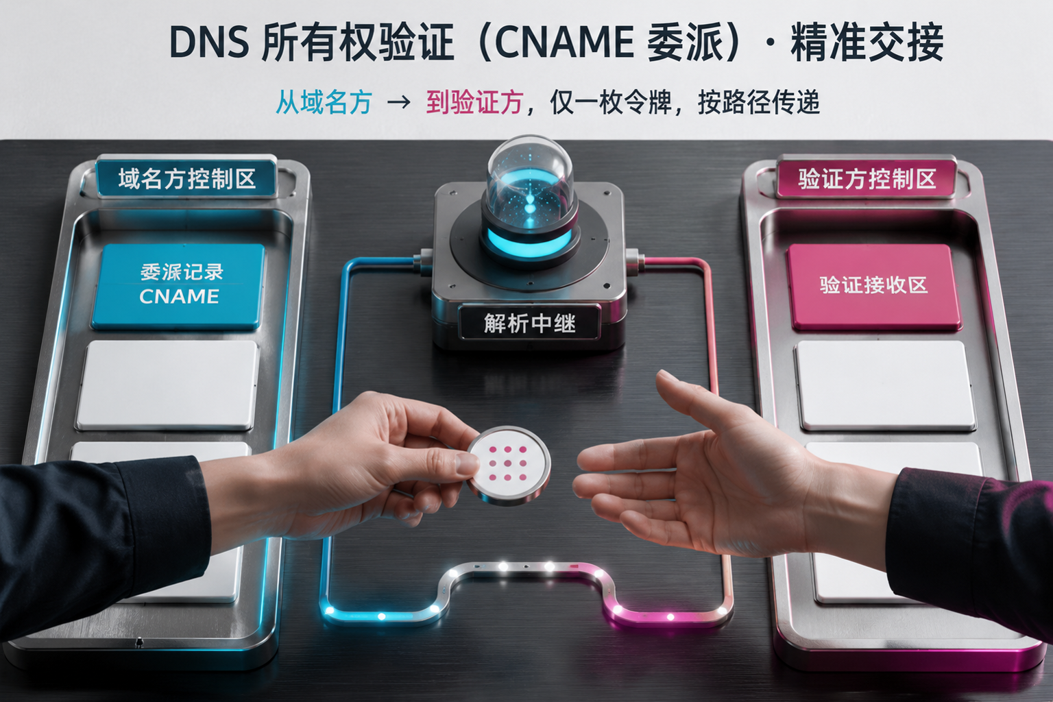 证书到期告警总在最坏的夜里响:一条能落地的续期运维规范:DNS ownership verification using a delegated CNAME, shown as a precise handoff between two controlled zones