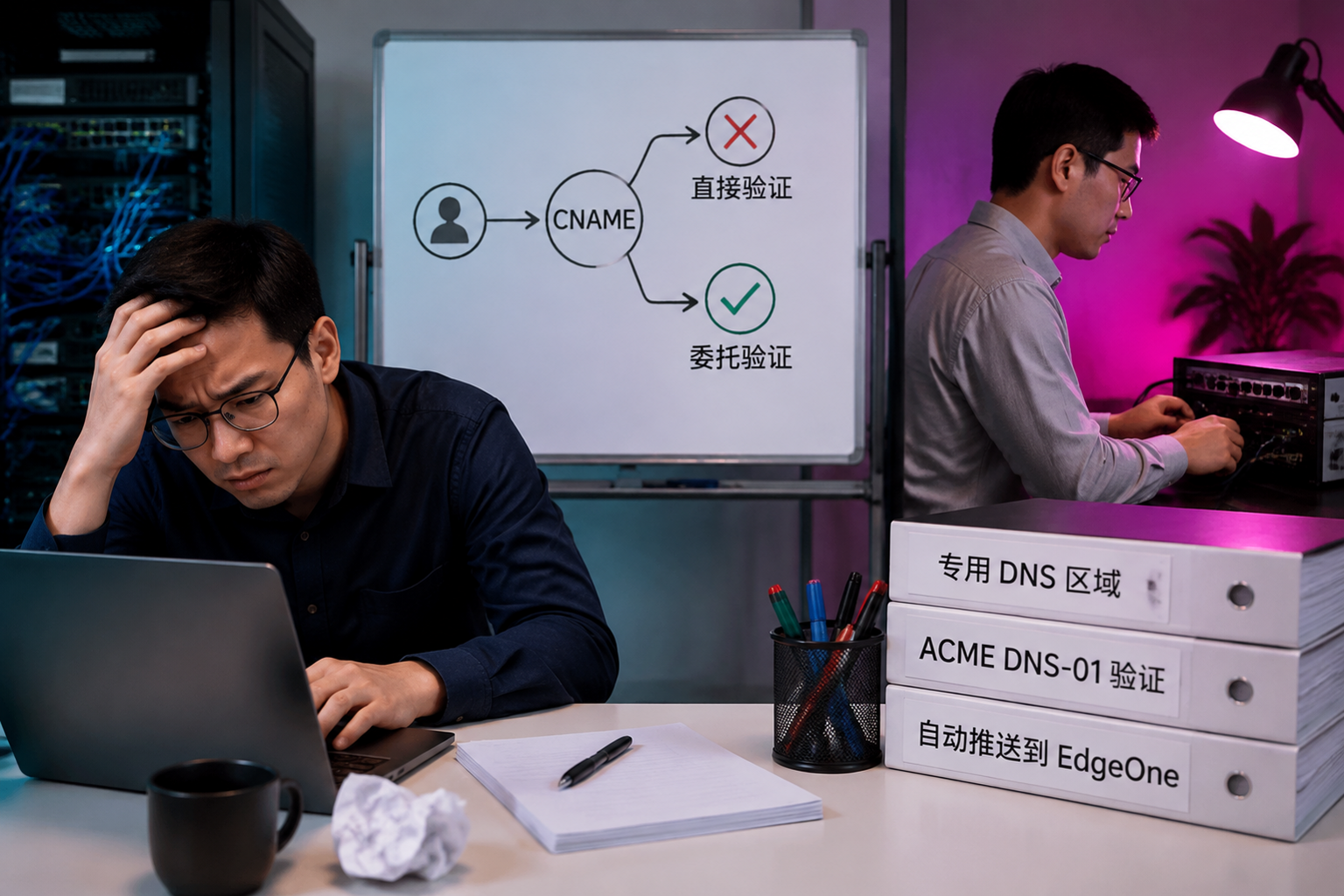用 CNAME 委托把 ACME DNS-01 验证甩给专用区域,再把证书自动推到 EdgeOne:a concrete operational scene explaining this section: 从一个常见卡点开始