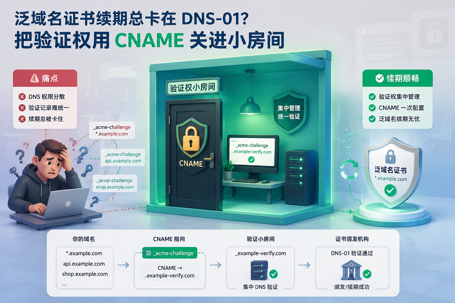 泛域名证书续期总卡在 DNS-01?把验证权用 CNAME 关进小房间